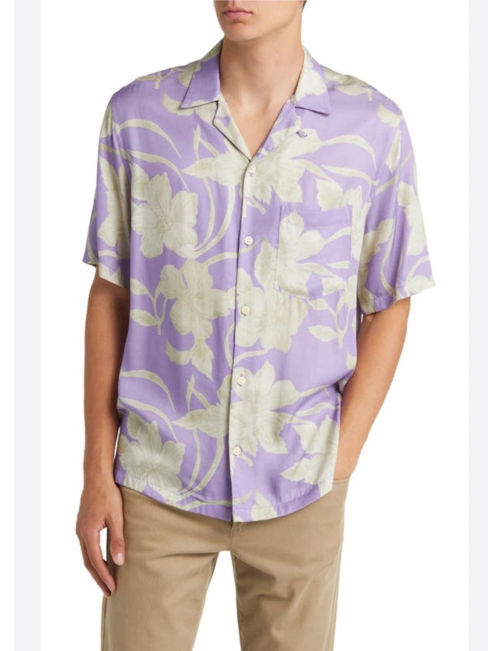 Allsaints Jardin Floral Print Camp Shirt In Fresh Lilac